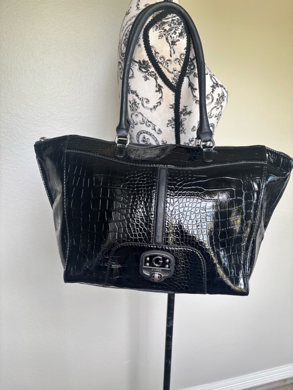 Guess Black Croc-Embossed Patent Tote